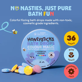 Close-up of Honeysticks Bath Color Tablets showing vibrant colours