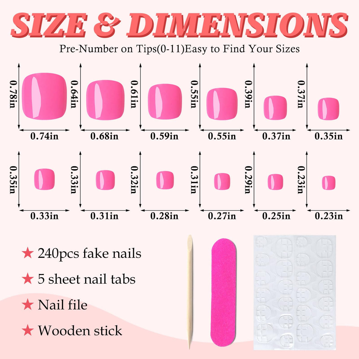Close-up of hot pink press on toenails in various sizes
