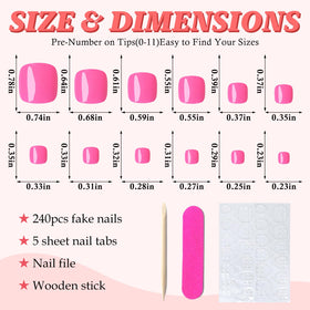 Close-up of hot pink press on toenails in various sizes
