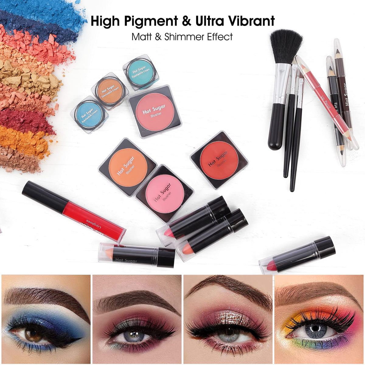 Close-up of Hot Sugar All-in-One Makeup Set blushes and lipsticks