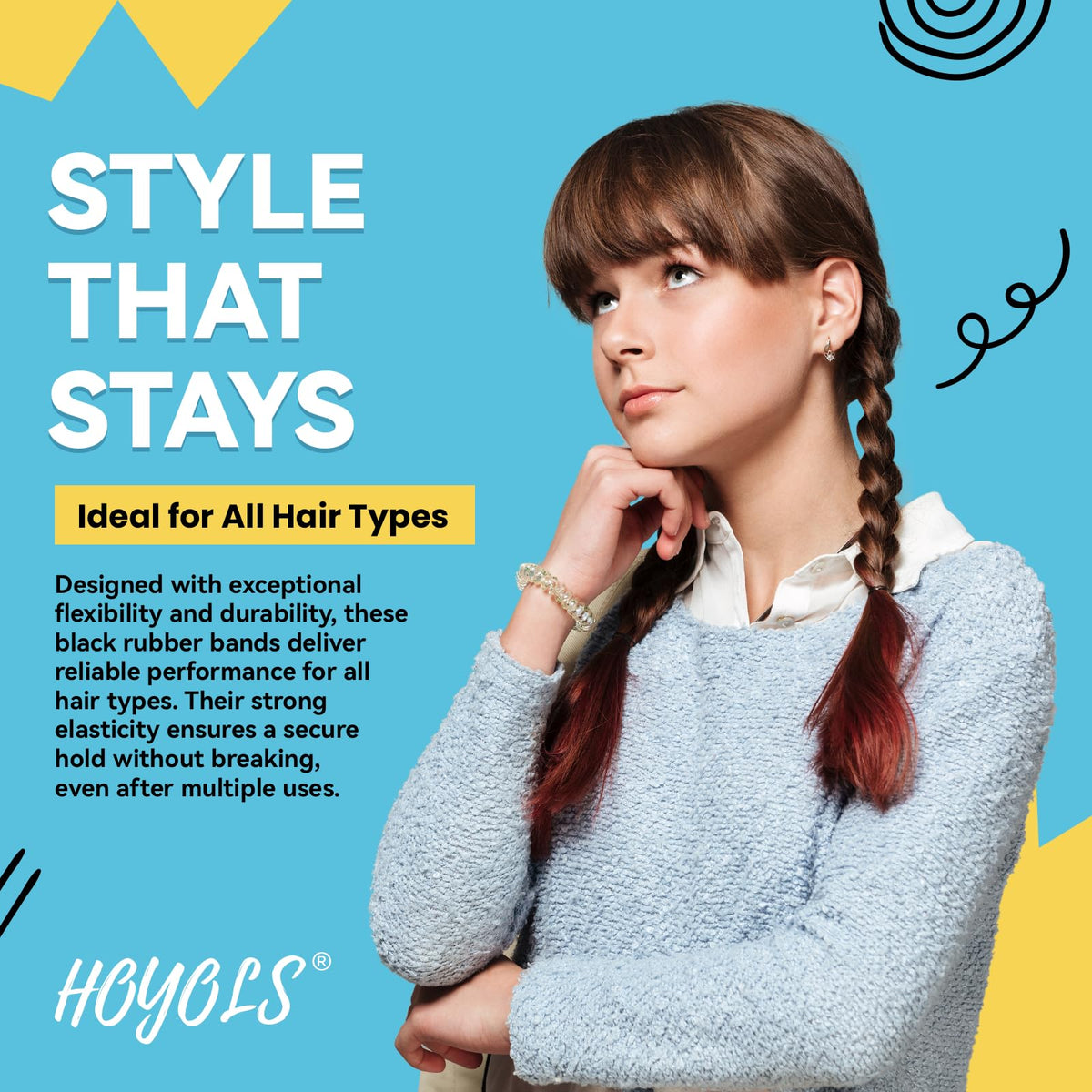 Close-up of HOYOLS black elastic hair ties showing size and texture