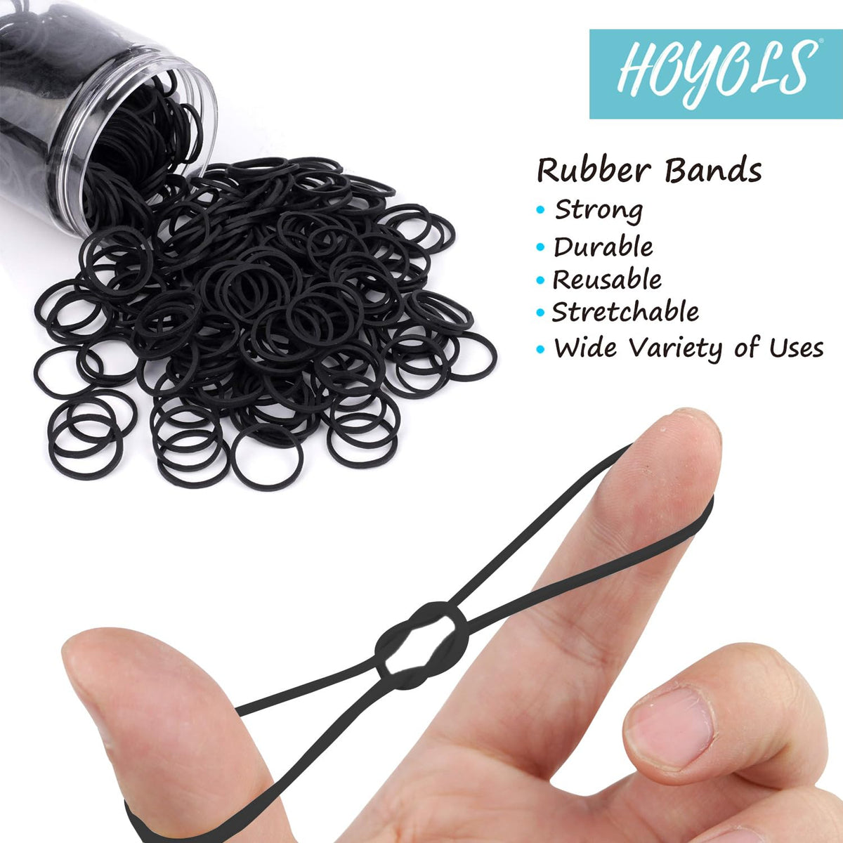 Close-up of HOYOLS rubber bands showing various sizes