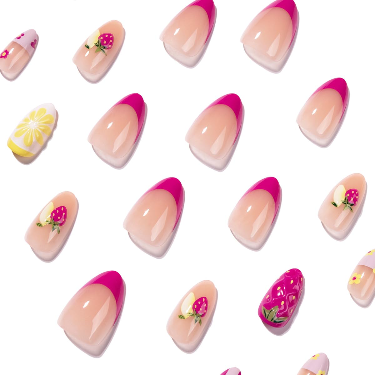 Close-up of HPYFOI Short Almond Press On Nails in various sizes