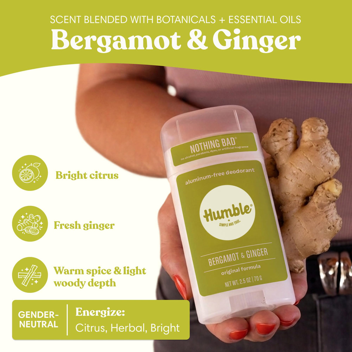 Close-up of HUMBLE deodorant stick with Bergamot & Ginger scent