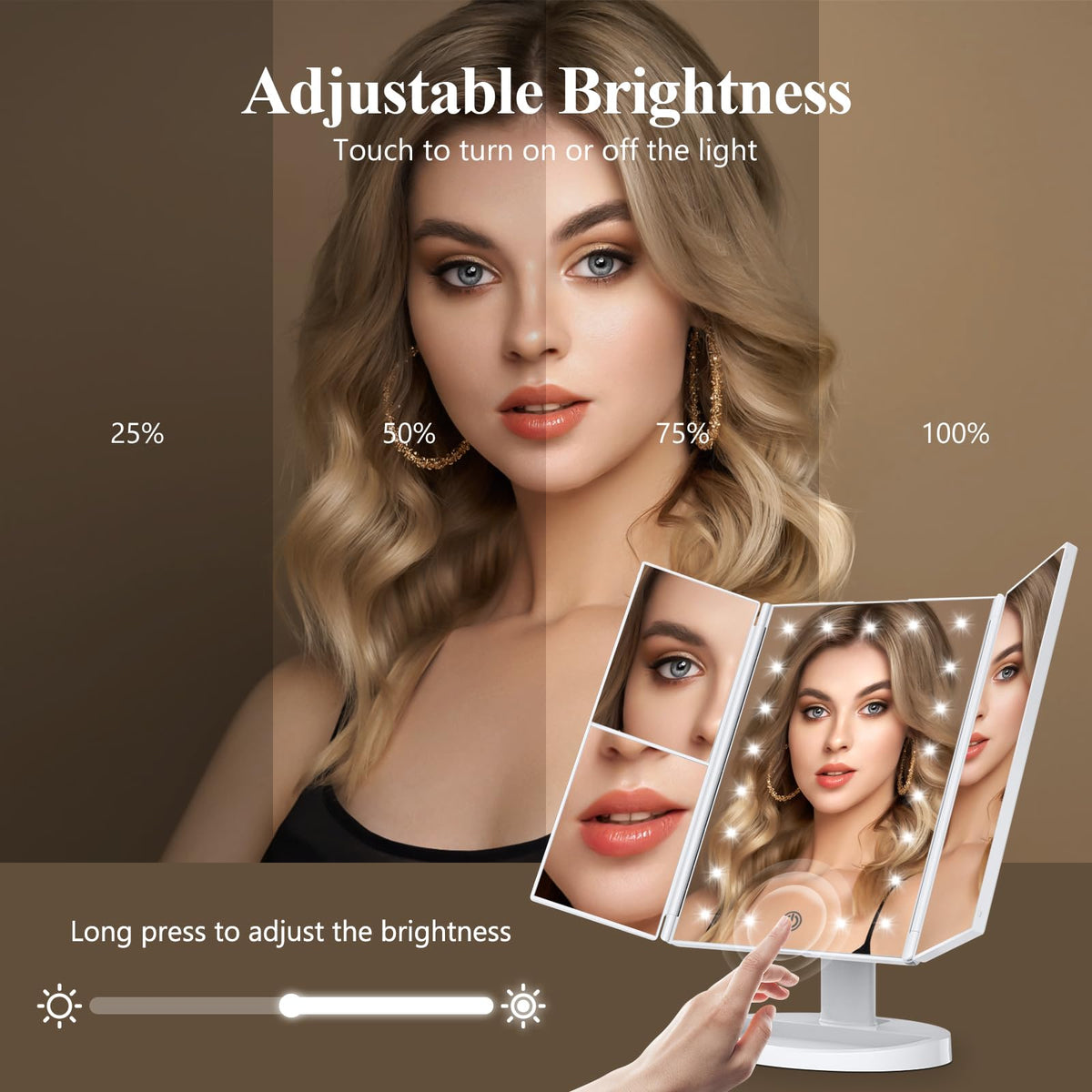Close-up of HUONUL Trifold Makeup Mirror touch control