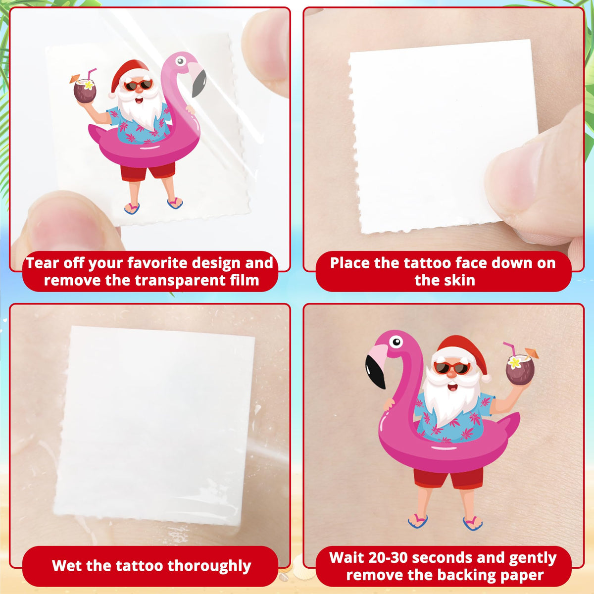 Close-up of Huskein Summer Christmas Temporary Tattoos application process