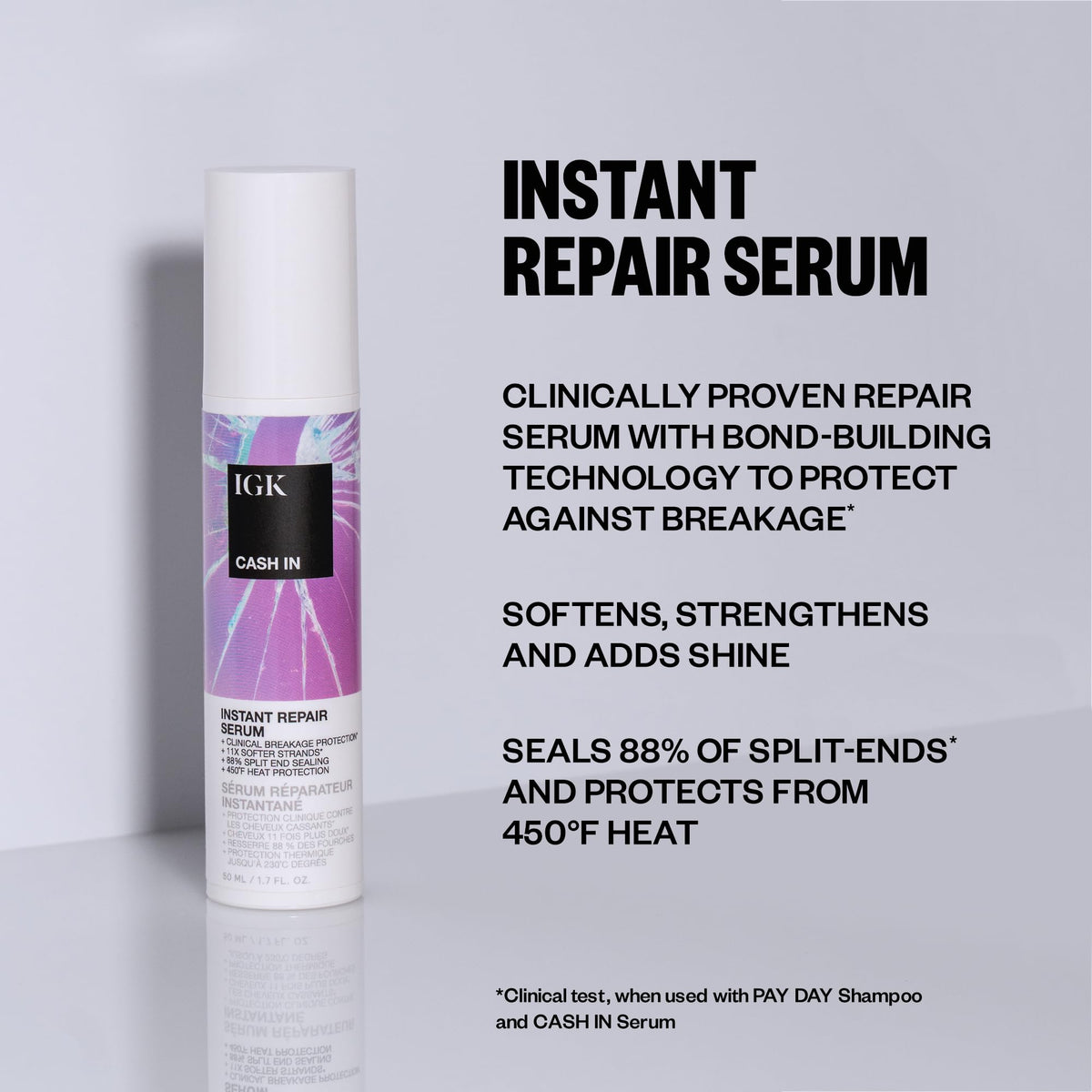 Close-up of IGK Cash In Instant Repair Hair Serum bottle