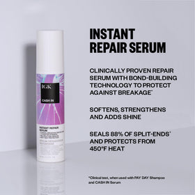 Close-up of IGK Cash In Instant Repair Hair Serum bottle