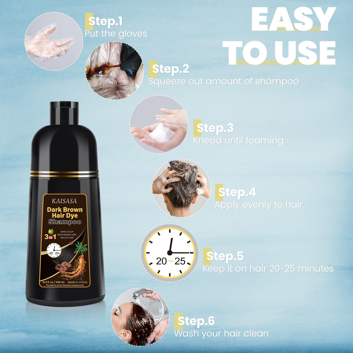 Close-up of IIIMEIDU Dark Brown Hair Dye Shampoo bottle