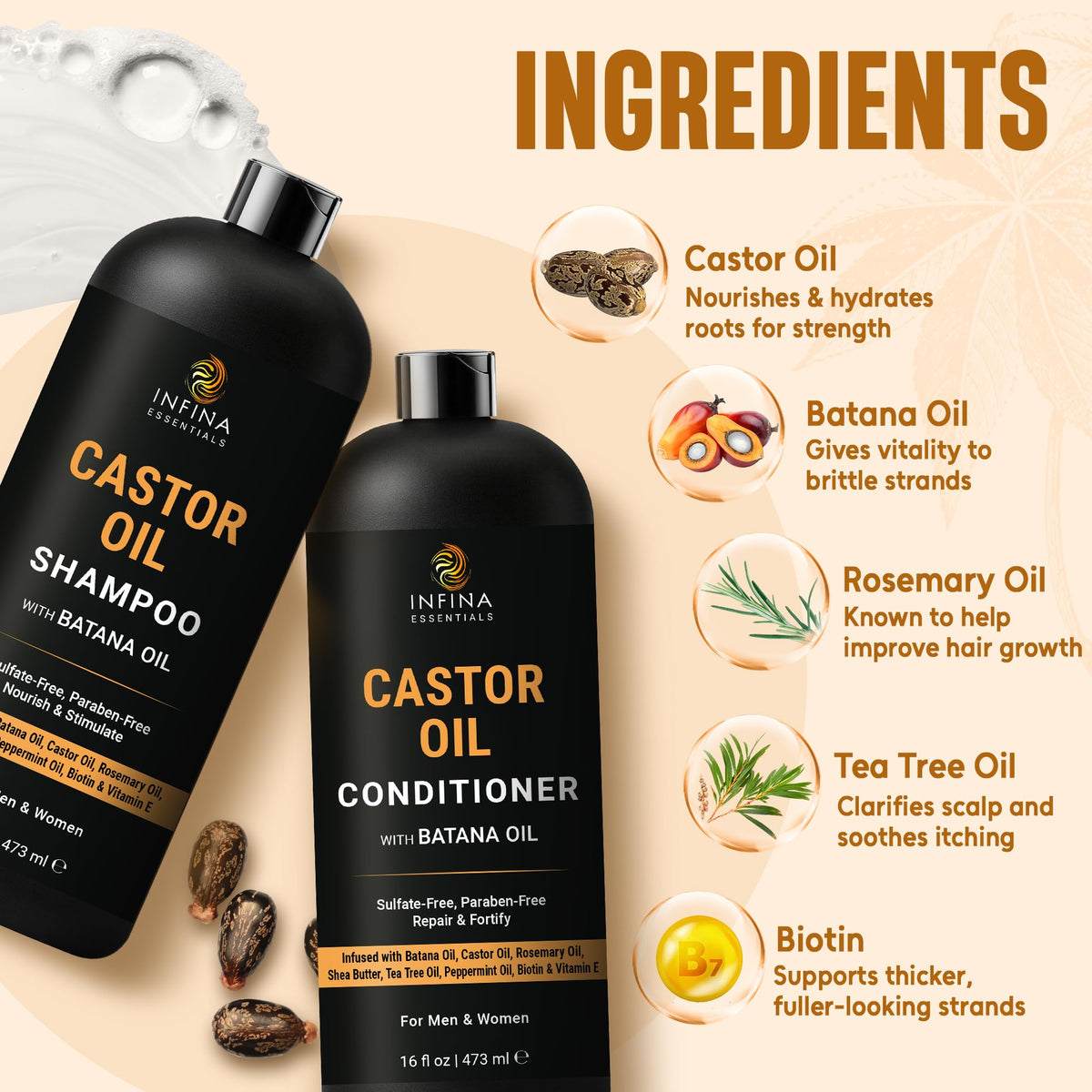 Close-up of INFINA ESSENTIALS Castor Oil Batana Shampoo ingredients