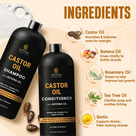 Close-up of INFINA ESSENTIALS Castor Oil Batana Shampoo ingredients