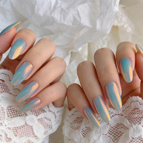 Close-up of iridescent effect of Sunset Chrome Nail Powder