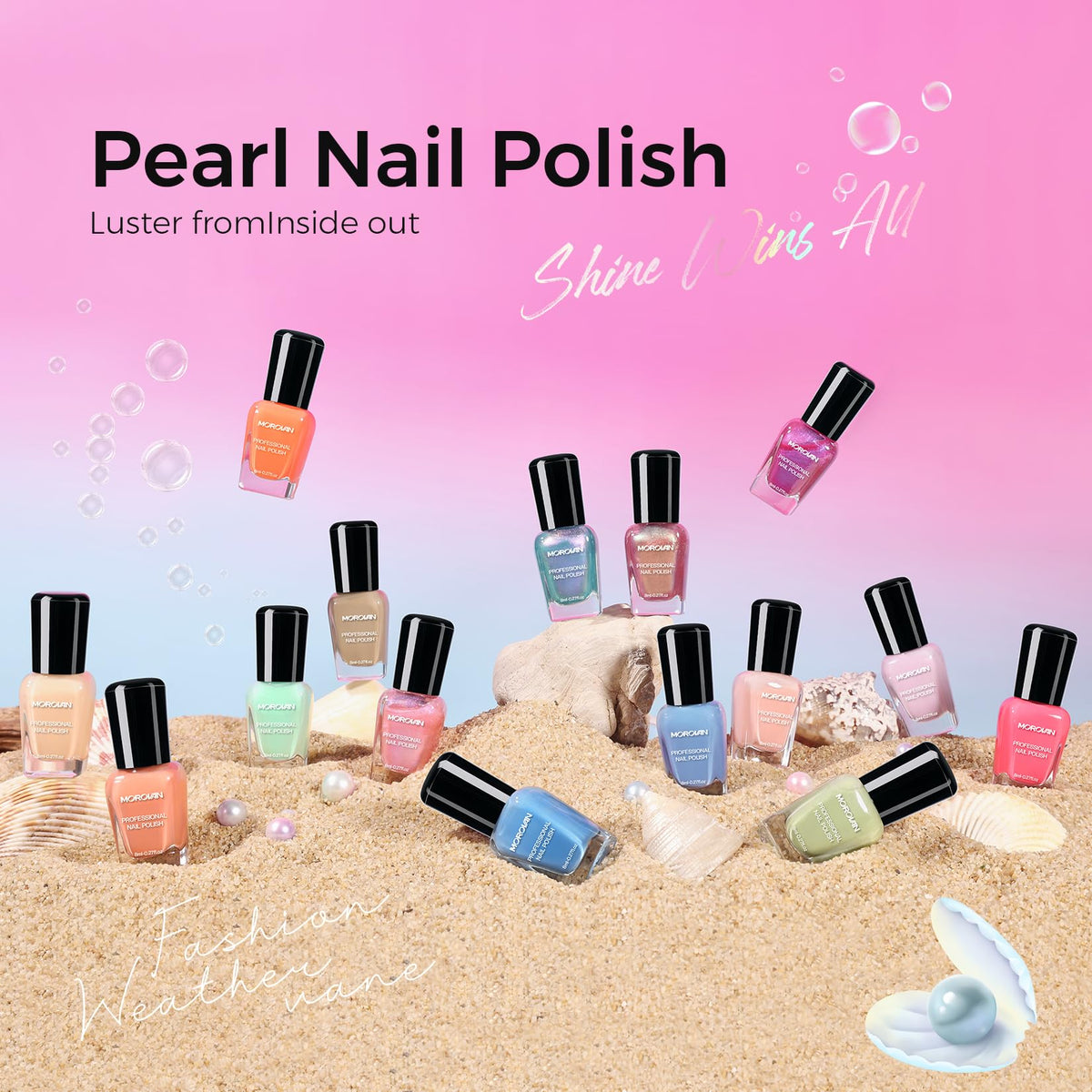 Close-up of iridescent pearl nail polish in pink