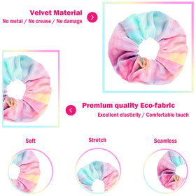 Close-up of IVARYSS velvet scrunchie in rainbow colours