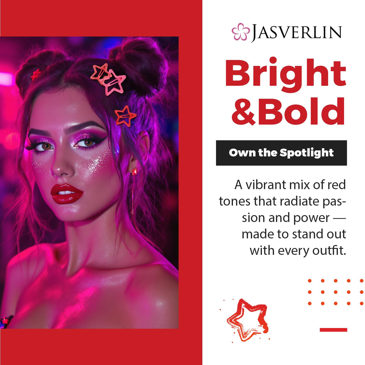 Close-up of JASVERLIN glitter red star hair clips