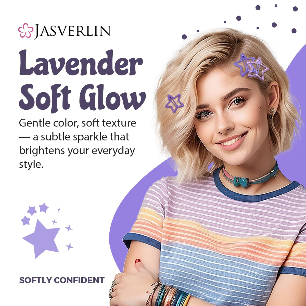 Close-up of JASVERLIN star hair clips showing purple finish