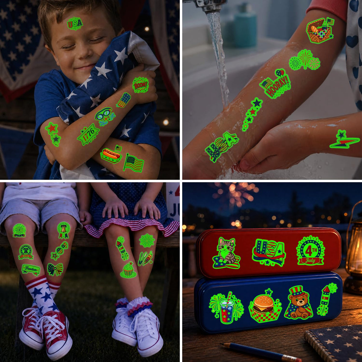 Close-up of JCFIRE luminous 4th of July tattoos glowing in the dark