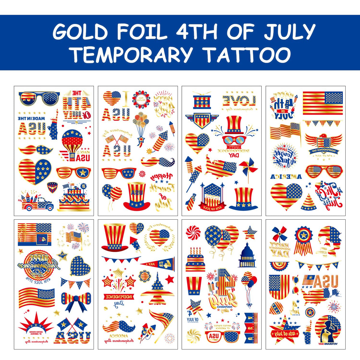 Close-up of JCFIRE temporary tattoos featuring fireworks and flags