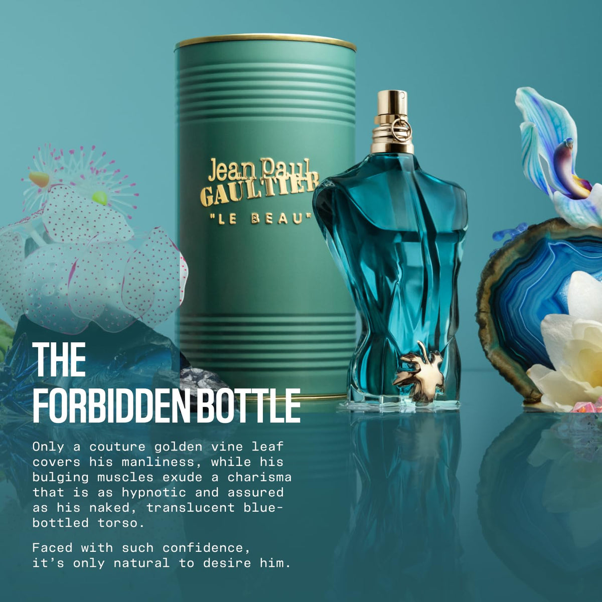 Close-up of Jean Paul Gaultier Le Beau blue torso bottle