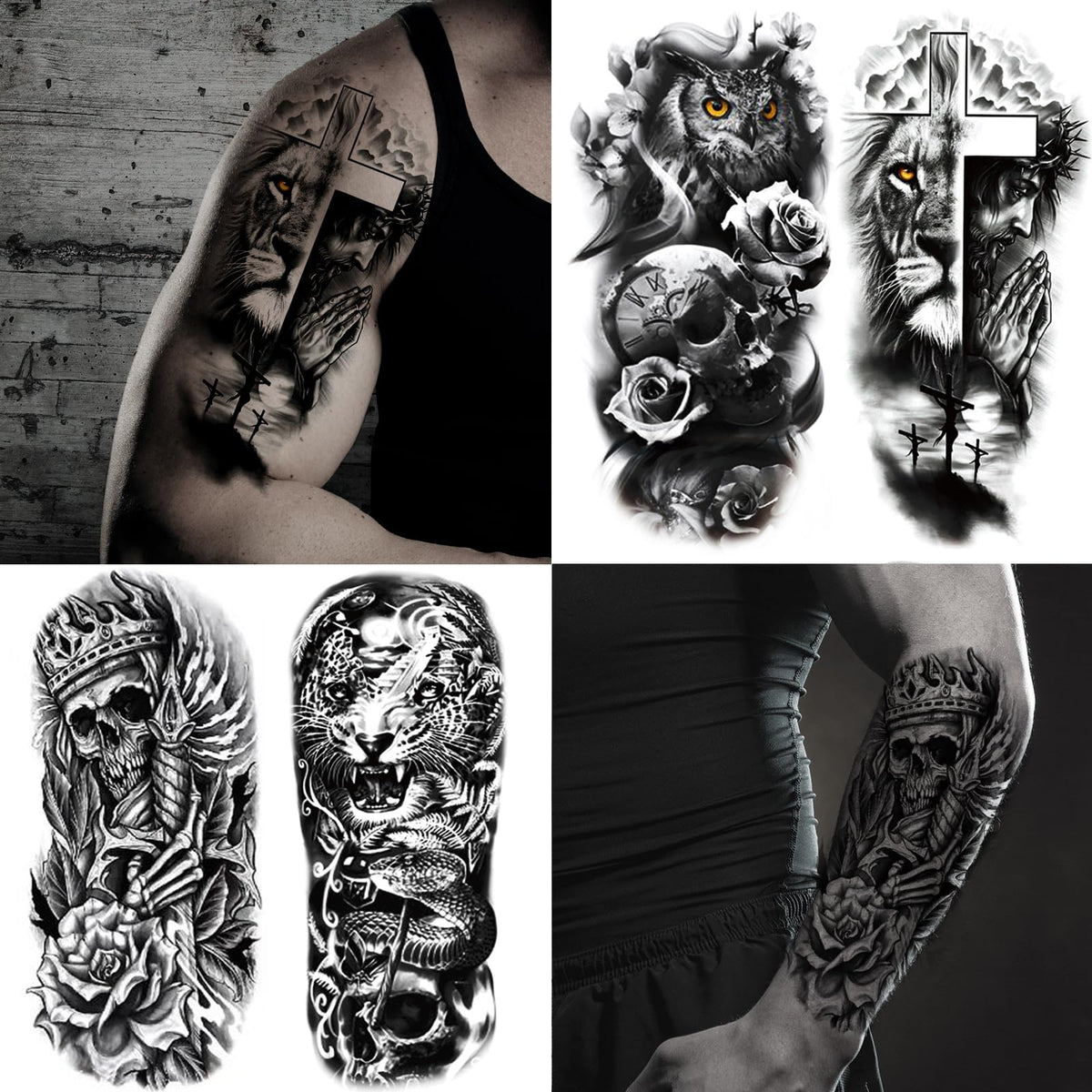 Close-up of JEEFONNA half sleeve temporary tattoos on skin