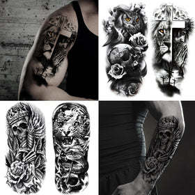 Close-up of JEEFONNA half sleeve temporary tattoos on skin