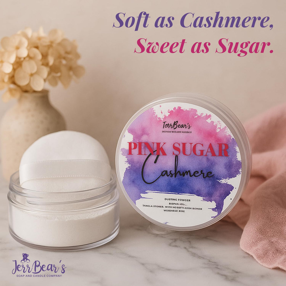 Close-up of JerrBear’s Pink Sugar Cashmere Dusting Powder texture