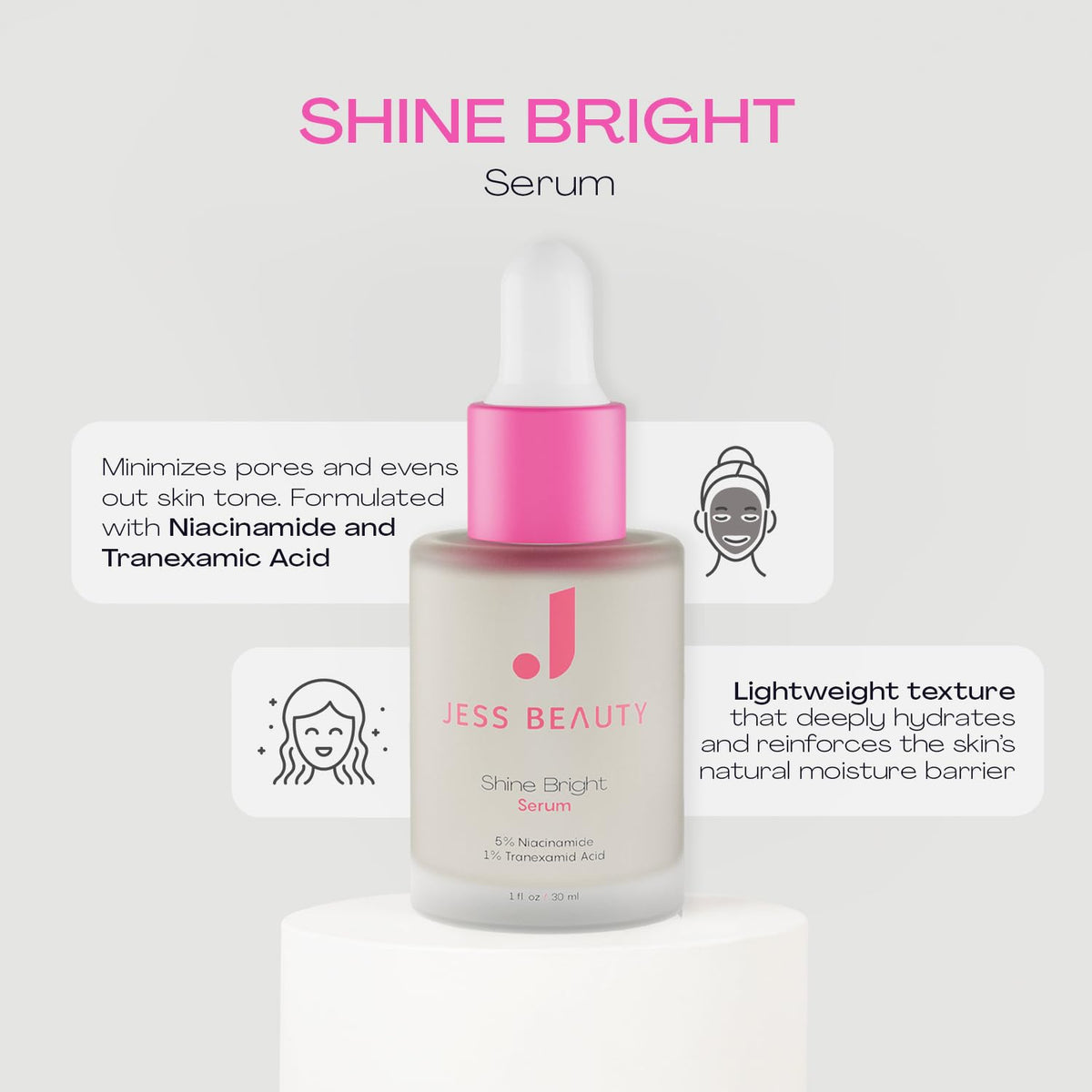 Close-up of JESS BEAUTY Shine Bright Serum pump dispenser