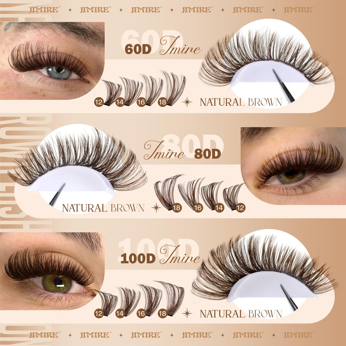 Close-up of JIMIRE Brown Lash Clusters styles