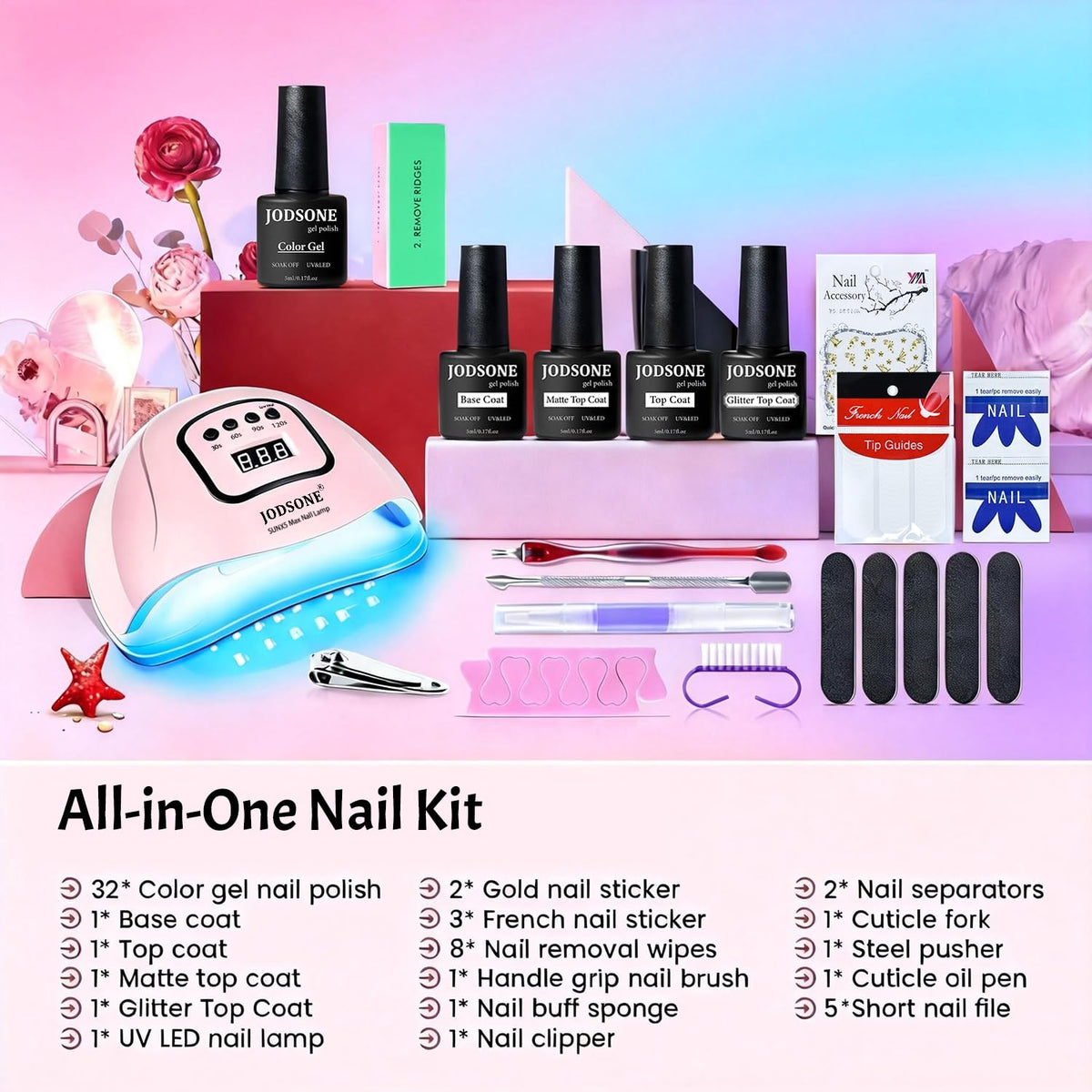 Close-up of JODSONE gel nail polish bottles in various colours