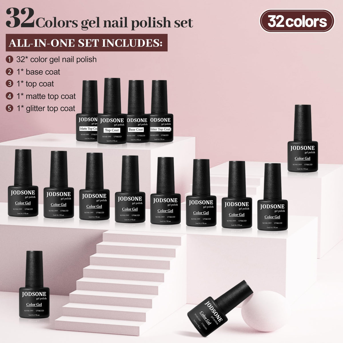 Close-up of JODSONE gel polish bottles in various colours