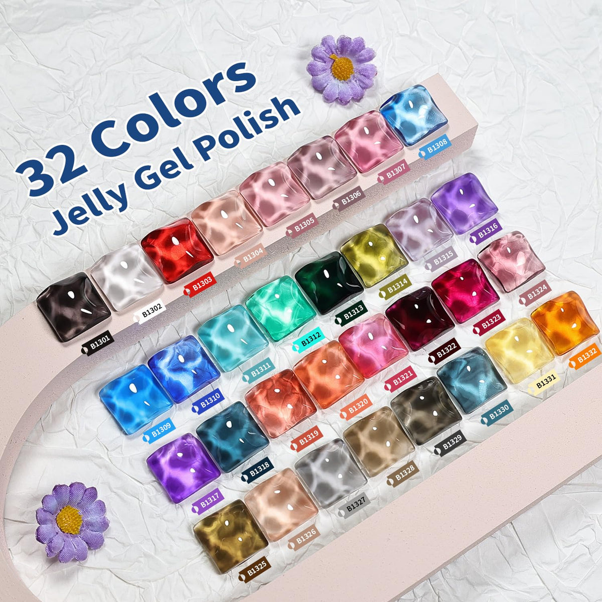 Close-up of JODSONE jelly gel nail polish bottles in various colours