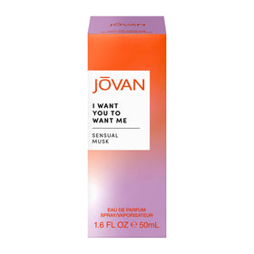 Close-up of Jovan I Want You To Want Me Eau de Parfum bottle with packaging