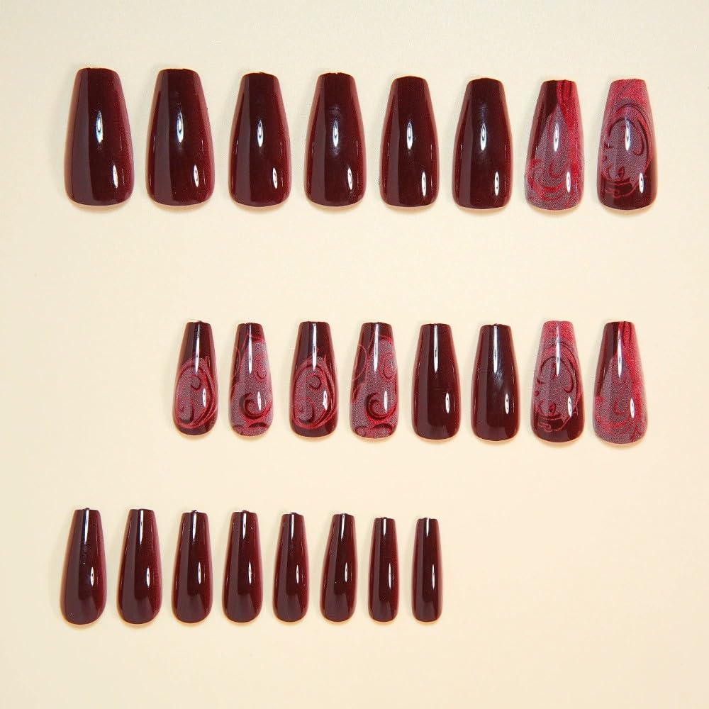 Close-up of juggssa glossy rose red coffin press on nails