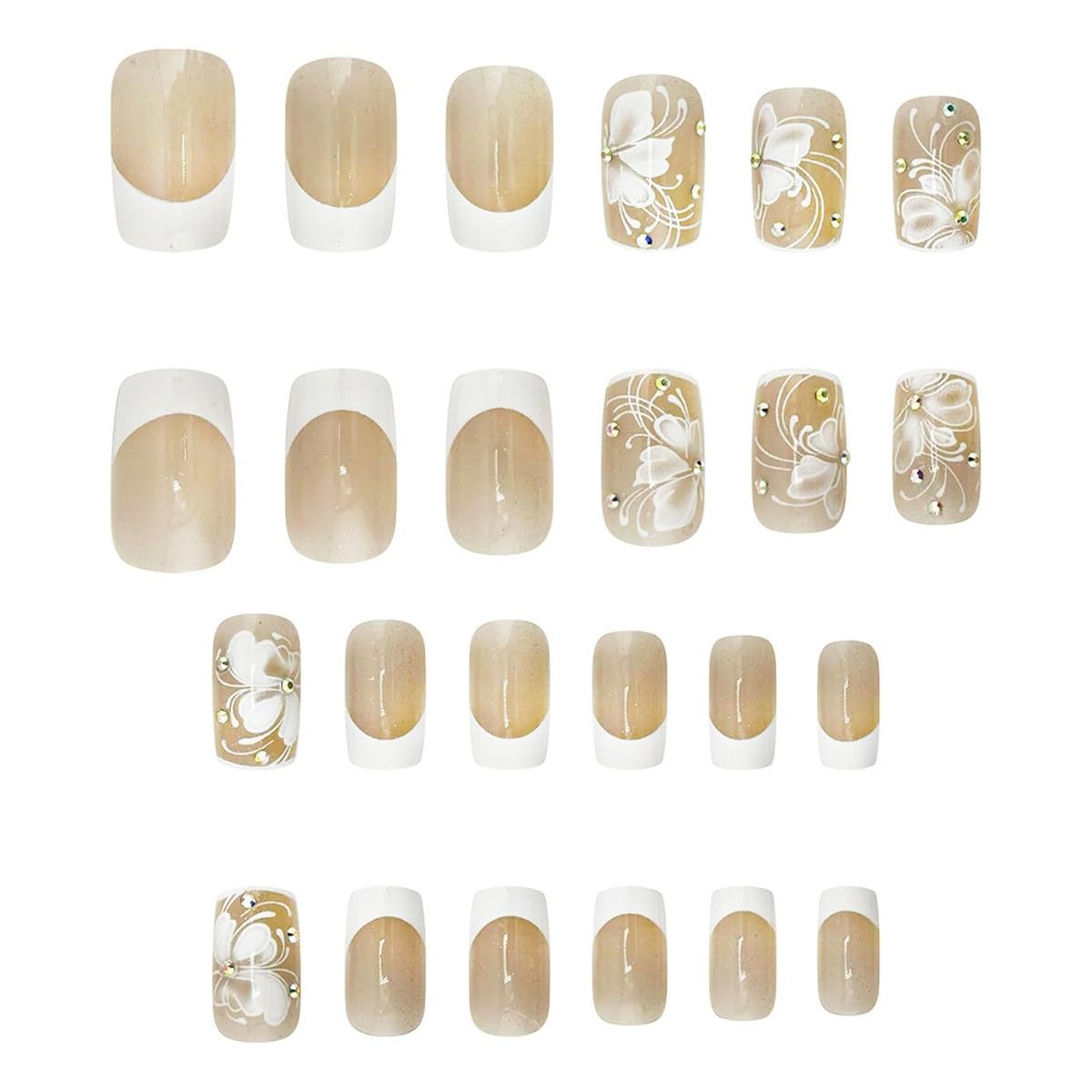 close-up of juggssa press on nails showcasing glossy white tips and butterfly designs