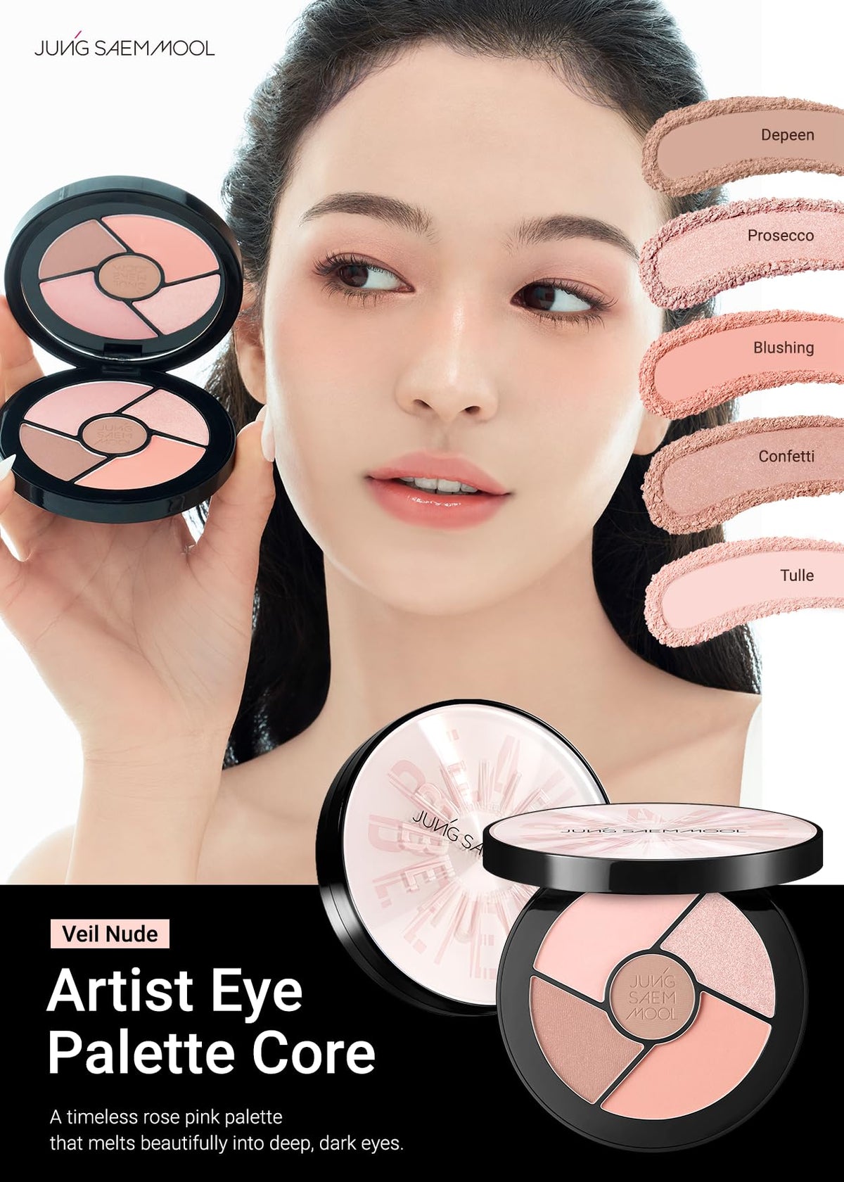 Close-up of JUNG SAEM MOOL Artist Eye Palette Core matte and shimmer eyeshadows