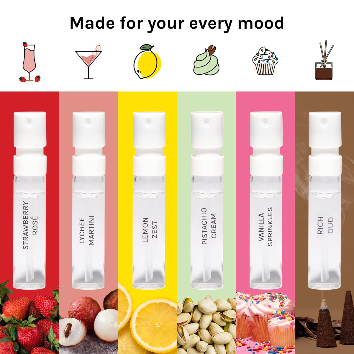 Close-up of Just Juice mini perfume vials showing different scents