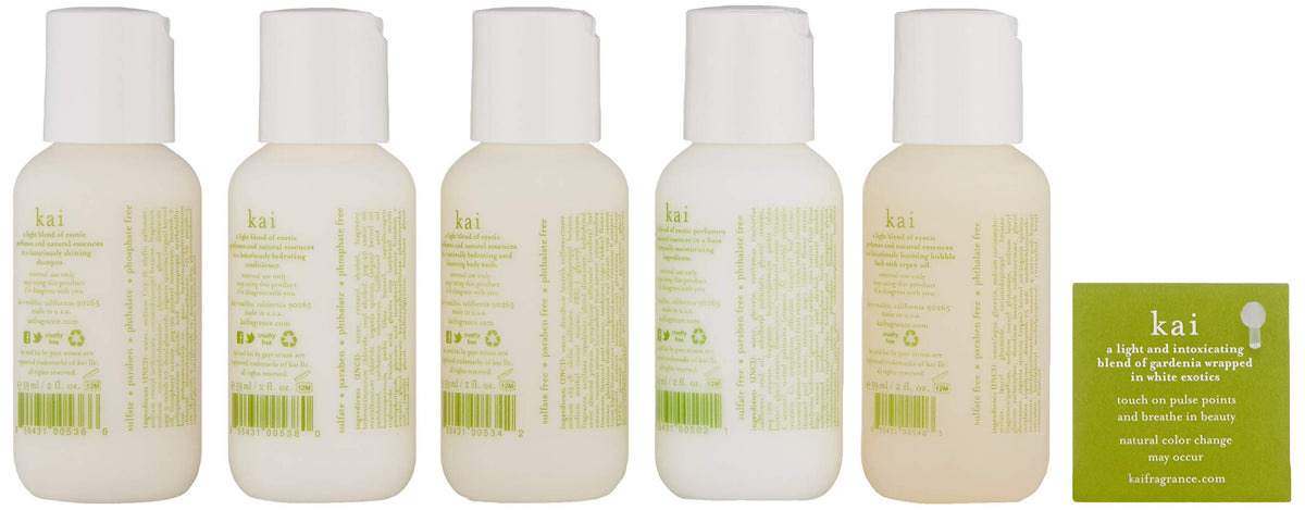 Close-up of kai shampoo and conditioner bottles in travel set