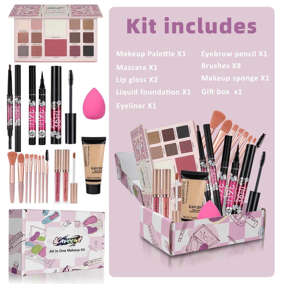 Close-up of KAVCENT makeup brushes included in the kit