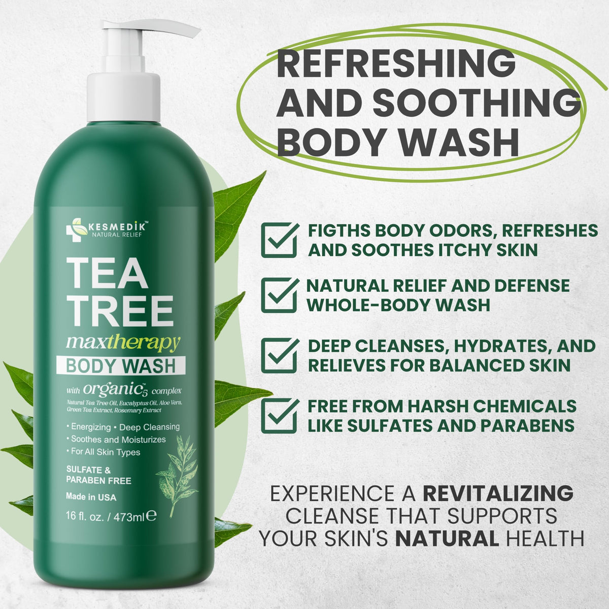 Close-up of KESMEDIK Tea Tree Body Wash bottle with label