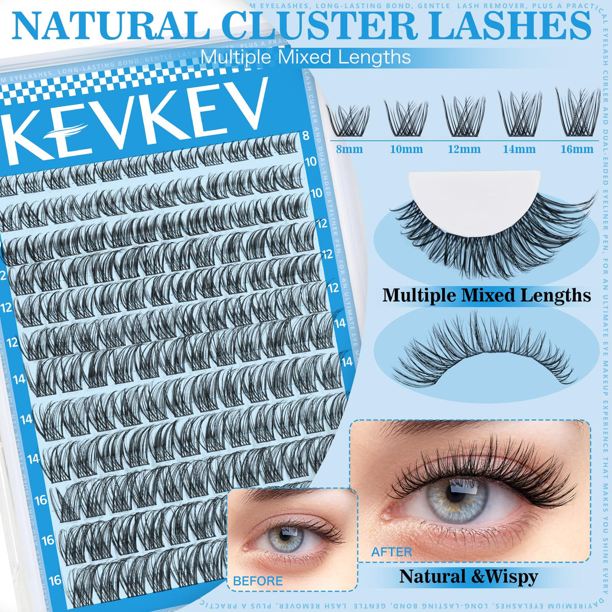 Close-up of KevKev lash clusters showing different lengths