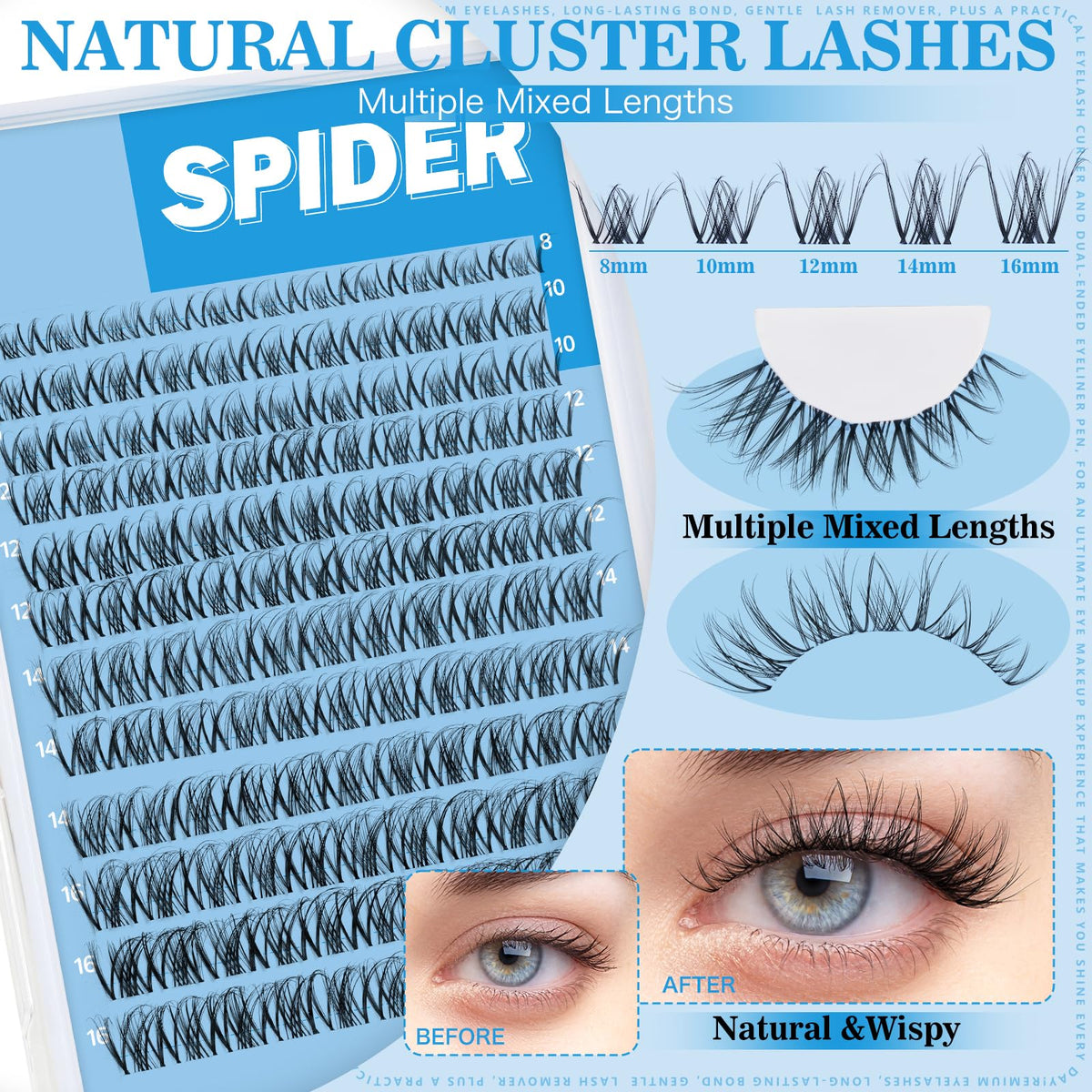 Close-up of KevKev Spider Lash Clusters showing different lengths