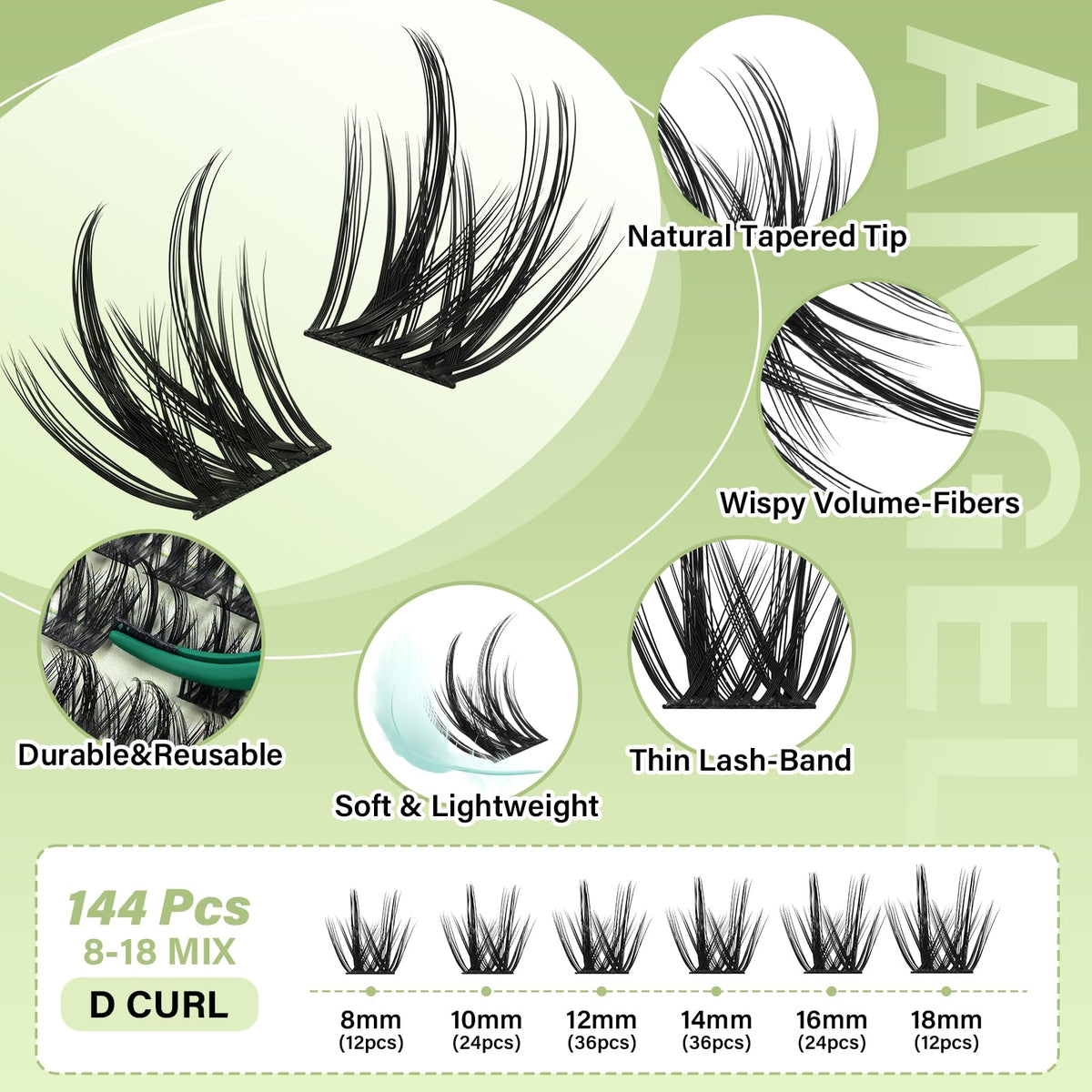 Close-up of KEYYOU Angel A02 Lash Clusters showing D curl