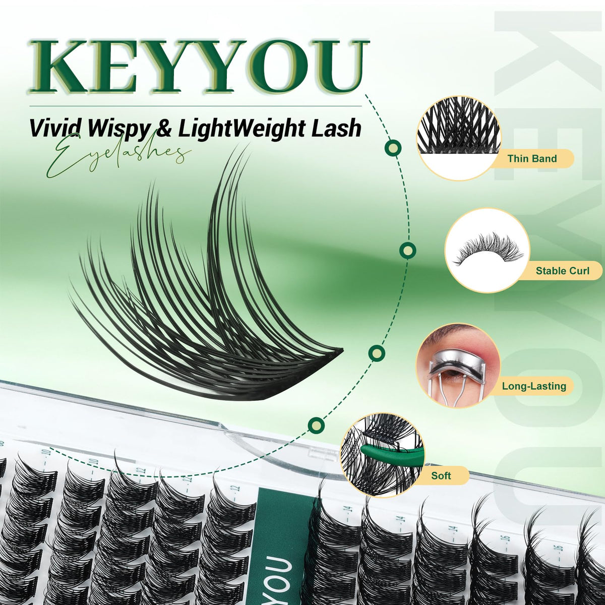 Close-up of KEYYOU D Curl 10mm lash clusters
