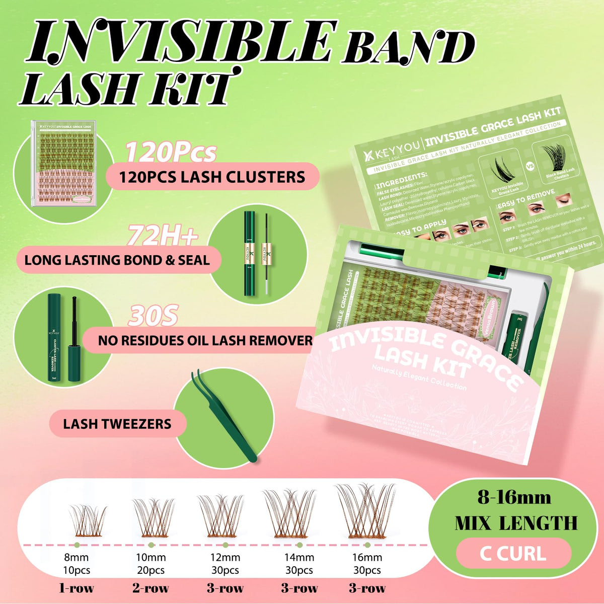 Close-up of KEYYOU invisible lash clusters in the kit