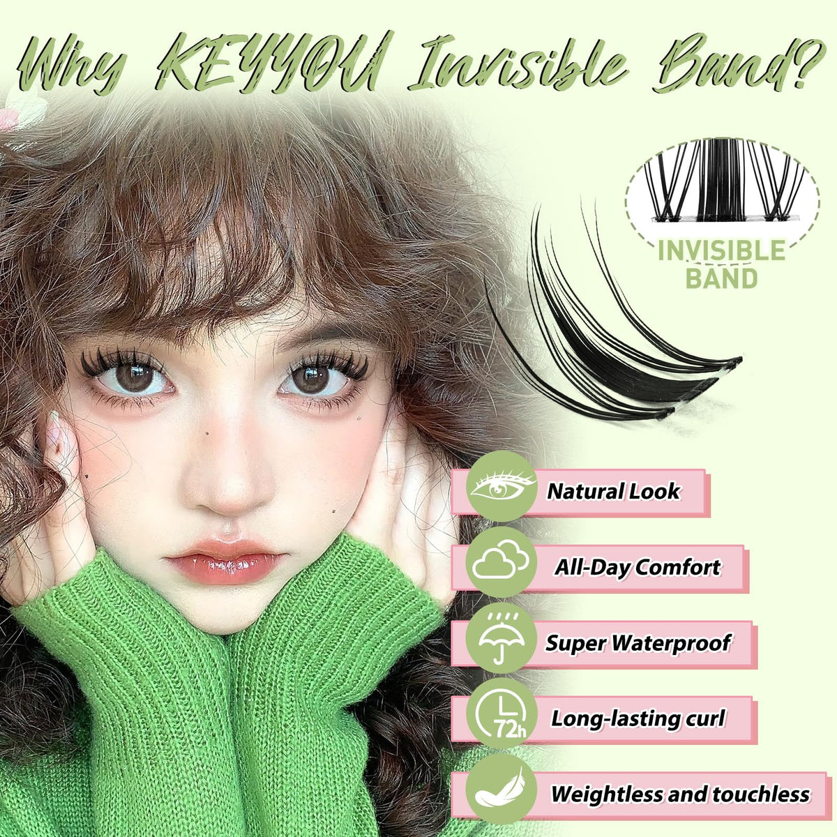 Close-up of KEYYOU invisible lash clusters on a model