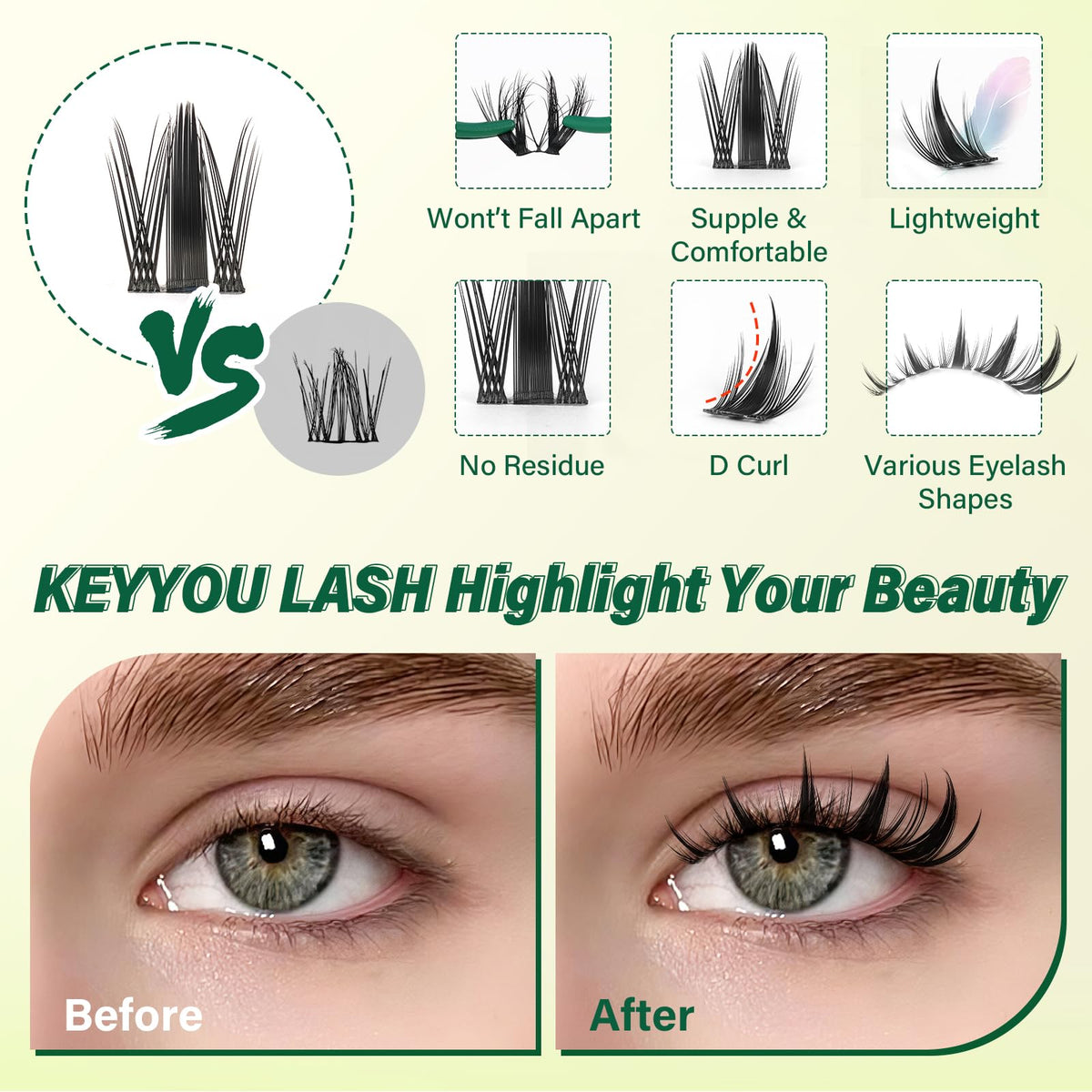 Close-up of KEYYOU lash clusters demonstrating fluffy wispy effect