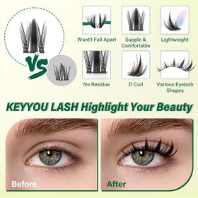 Close-up of KEYYOU lash clusters demonstrating fluffy wispy effect
