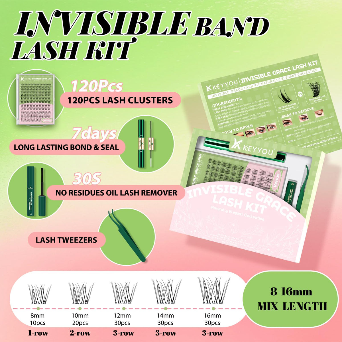 Close-up of KEYYOU lash clusters in various lengths