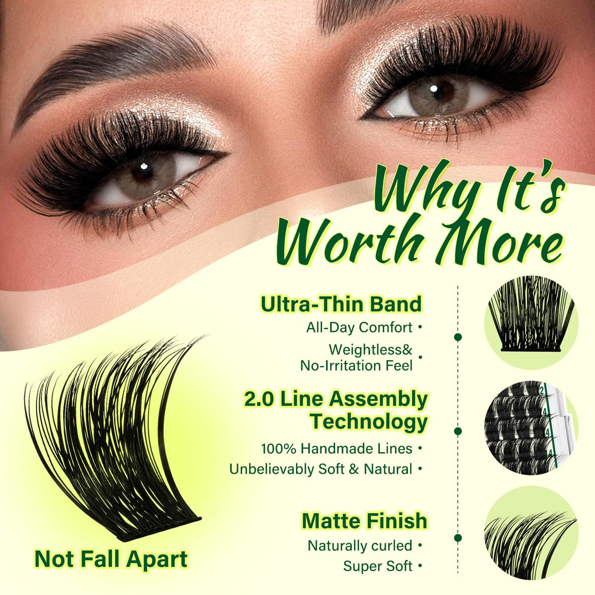 Close-up of KEYYOU lash clusters in various lengths from 8-18mm