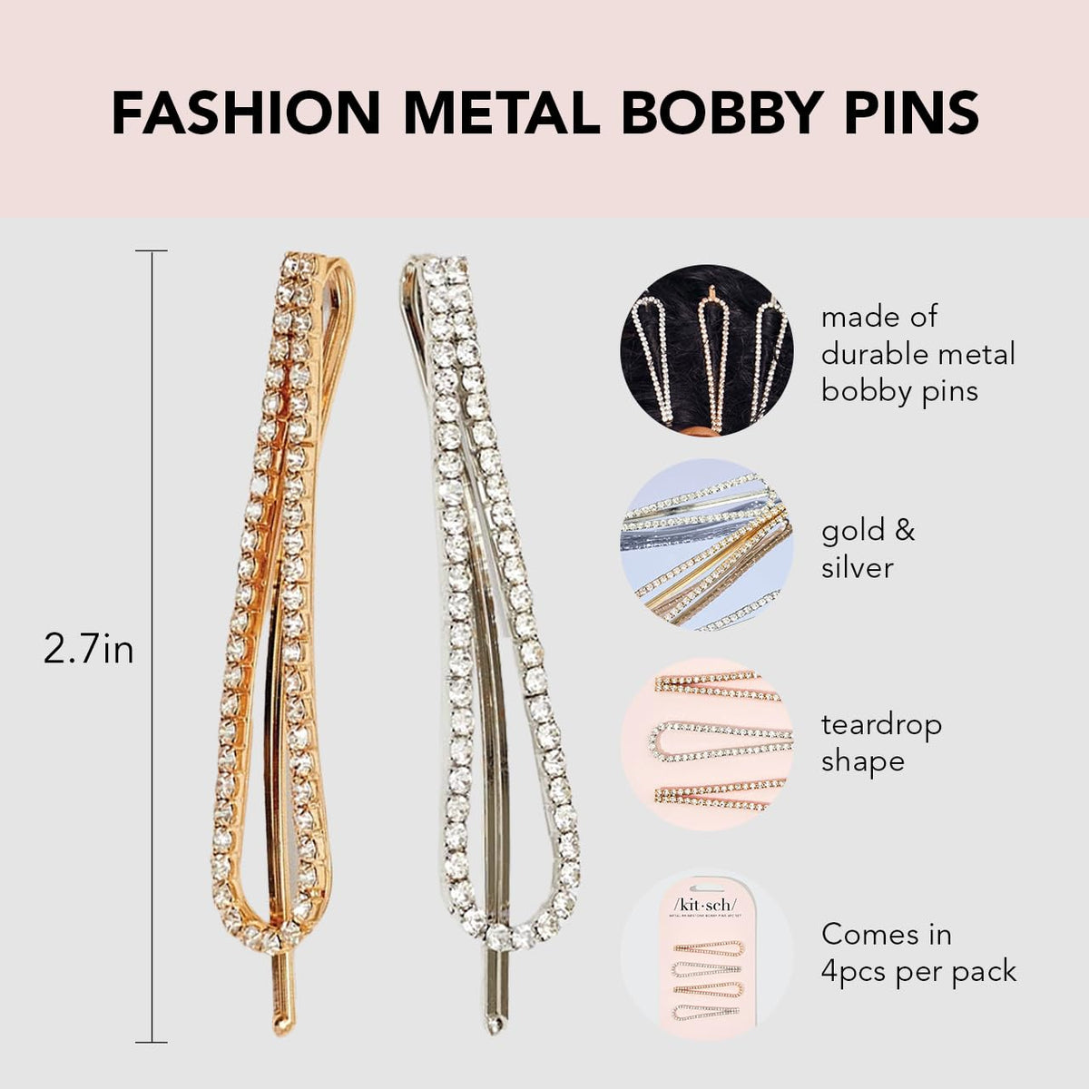 Close-up of Kitsch teardrop rhinestone bobby pins